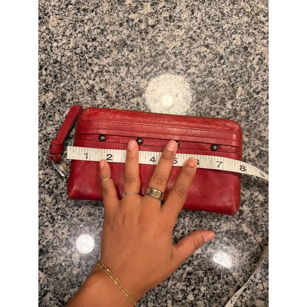 Perlina New York Red Leather Studded Zip-Around Wallet